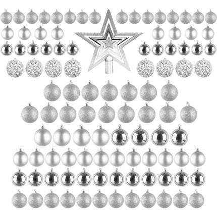 Cheqo® Luxe Kerstballen Set - Kerstballenset - Kerstdecoratie - Kerstboom Versieren - Kerstversiering - Onbreekbaar - Met Ophangoogje - Kerstversiering Kerstboom - Mat - Glans - Glitter - 101 Stuks - Zilver - Verschillende Texturen en Maten - Met Piek Kerstballen