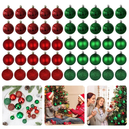 Cheqo® Luxe Kerstballen Set - Onbreekbaar - Rood/Groen - Plastic - Kerstboomversiering - Kerstversiering - Verschillende Formaten & Designs - Kerstboom - Kerstballenset - Kerstdecoratie - 50 Stuks - Met Ophangoog - Mat - Glanzend - Glitters Kerstballen