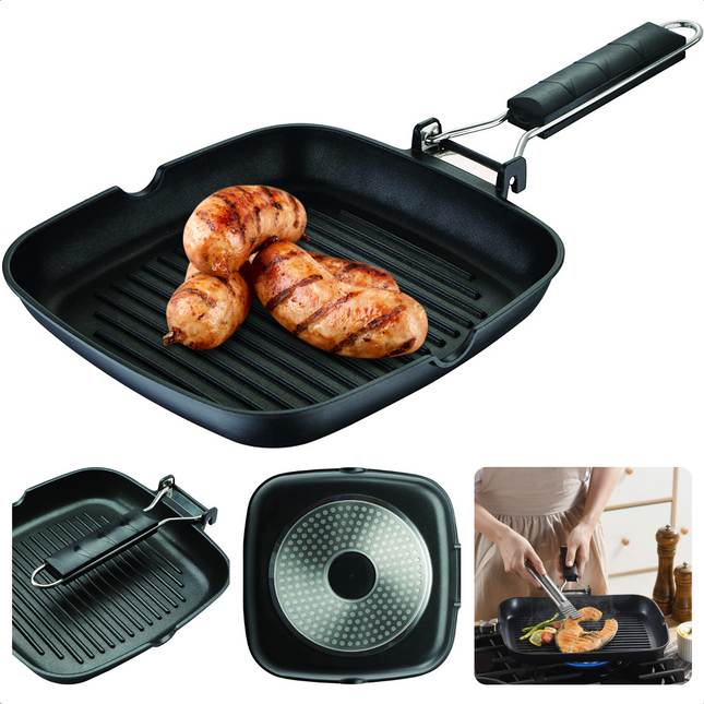 Cheqo® Grillpan Met Inklapbaar Handvat - Gietaluminium - 24x24x3,7 cm - Inductiegeschikt - Vaatwasserbestendig - Lichtgewicht - Ruimtebesparend Design - Voor Alle Warmtebronnen - Steakpan - Warmtebestendige Handgreep Grillpannen