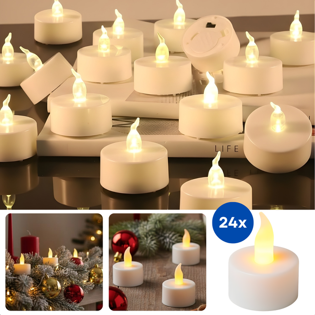 Cheqo® LED Theelichten Elektrisch - Flikkerend Warmwit Licht - Witte LED Kaarsen - Theelicht Set - Elektrische Waxinelichtjes - Decoratief Licht - Vervangbare Batterijen - Set Van 24 Waxine Lichtjes - Kaarsjes Elektrisch