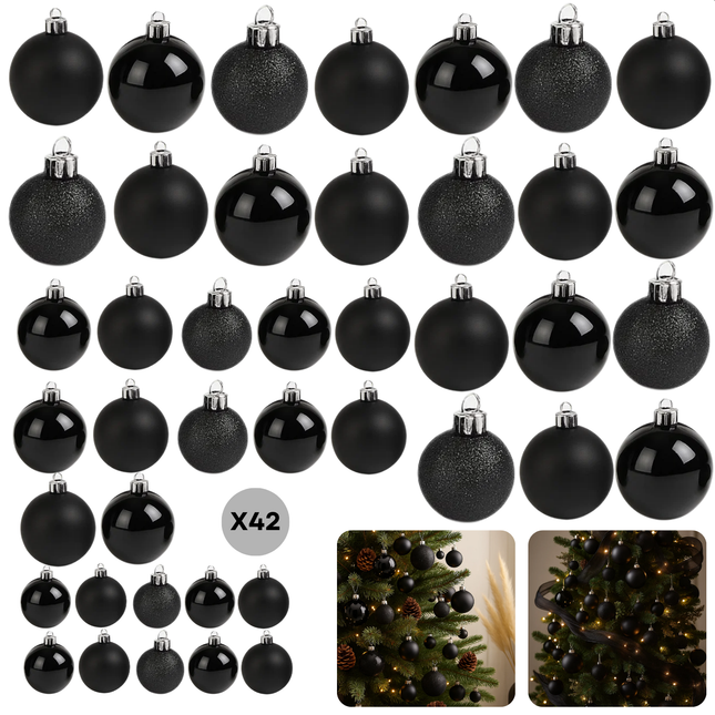 Cheqo® Kerstballen Set - 42 Stuks - Zwarte Kerstballen - Glazen Kerstballen - Moderne Kerstdecoratie - Matte Kerstballen - Glimmende Kerstballen - Glitter Kerstballen - Kerstboom Decoratie - Kerstballen Zwart
