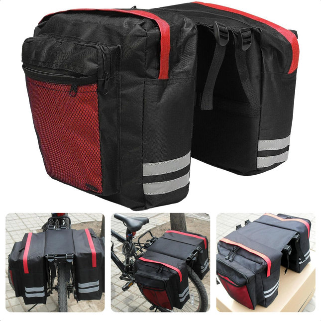Cheqo® dubbele fietstas van 30L, waterafstotend Oxford polyester, met reflectiestrepen geschikt voor elektrische fietsen.
