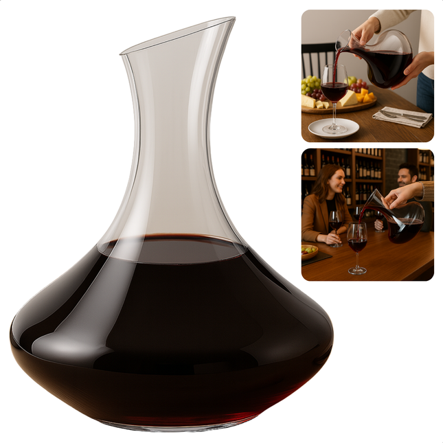 Cheqo® Decanteerkaraf Glas 1,8L – Decanter - Wijn Decanteerder Zonder Stop – Brede Kom Karaf – Wijnkaraf - Rode Wijn Decanteren – Wijnaroma’s Openen – Sulfiet Geur Verminderen – Elegante Wijnservering – Cadeau Voor Wijnliefhebbers