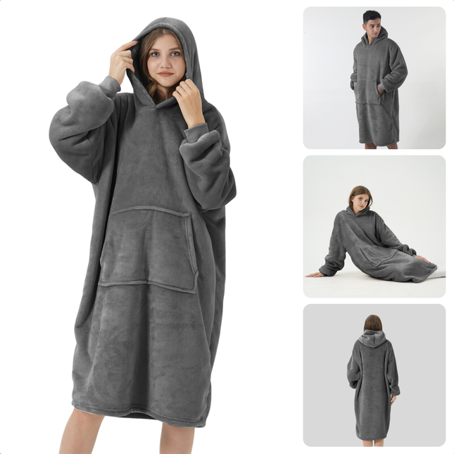 Cheqo® Hoodie Deken - Warme Plaid met Mouwen - Unisex 110x70 cm - Flanellen Fleece Charcoal Grijs
