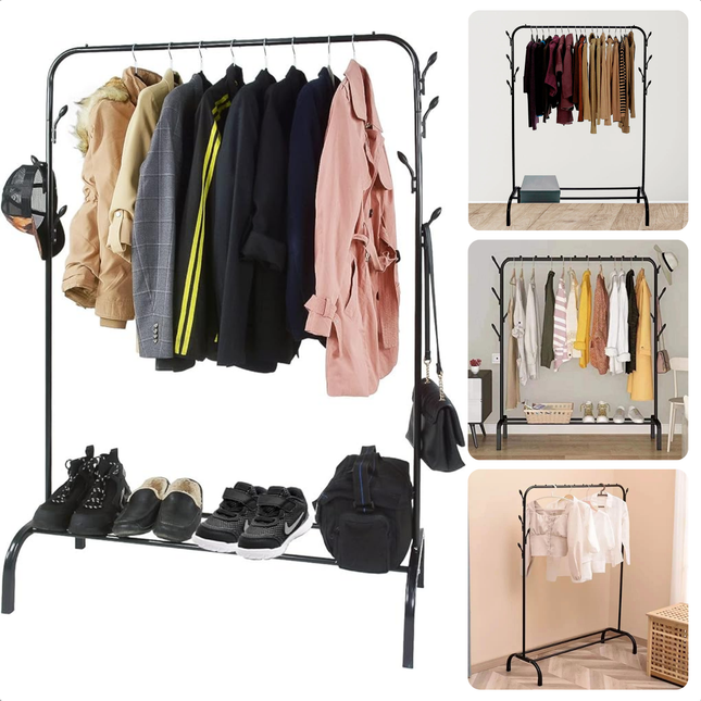 Metal clothing rack with hooks and shoe storage displaying coats and shoes, black finish, 110x40x150 cm by Cheqo®.