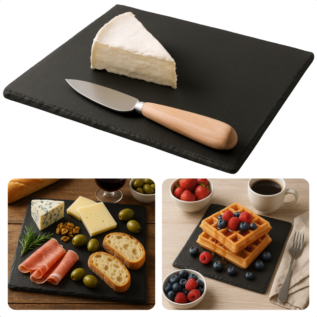Cheqo® Granieten Snijplank - Graniet Snijplank Zwart - Duurzaam en Stijlvol - Luxe Kaasplank - Serveerplateau Steen