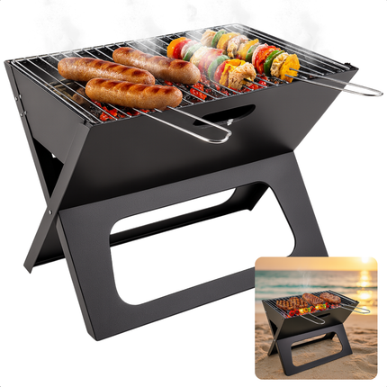Cheqo® Draagbare Houtskool Barbecue – Opvouwbare BBQ Grill – Tafelbarbecue voor Buiten – Inklapbare Camping BBQ – Compacte Zwart Design Tuinbarbecue – Lichtgewicht Outdoor Grill met Vuurschaal & Handvaten