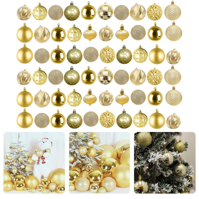 Cheqo® Gouden Kerstballen Set - 60 stuks - Kunststof - Kerstboomversiering - Kerstversiering - Onbreekbaar - Verschillende Formaten & Designs - Kerstboom - Kerstballenset - Kerstdecoratie - Kerst - Christmas Kerstballen