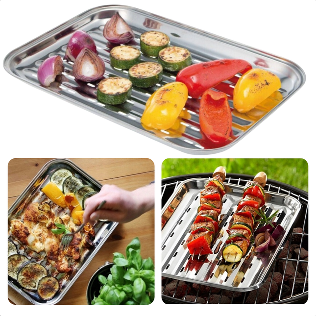 Cheqo® Barbecue Grillplaat RVS - BBQ Bakplaat - Grillrooster Barbecue - Herbruikbaar BBQ Plaat - RVS