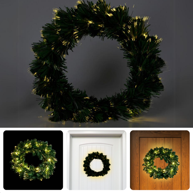 Kerstkrans met warm wit LED-verlichting, fiber optic technologie, 50 cm, geschikt voor deur of muur, werkt op batterijen.