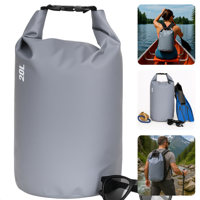 Cheqo® Drybag 20 Liter – Waterdichte Tas met Roll-Up Sluiting – Grijze Outdoor Sporttas – PVC Droogtas met Verstelbare Schouderband – Stofdicht & Opvouwbaar – Strandtas voor Zwemmen, Zeilen, Kanoën & Varen – Duurzaam & Slijtvast