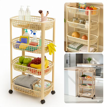 Cheqo® Keukentrolley Op Wielen - Verrijdbare Keukentrolley - 4 Lagen Trolley - Kunststof Trolley - Beige Keukentrolley - Opbergtrolley Met Manden - Keuken Opbergoplossing - Compacte Keukentrolley - Keuken Organizer - Badkamer Organizer