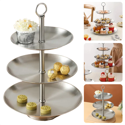 Cheqo® Etagere 3-Laags - RVS Serveerschaal - 34 cm Hoog - Ideaal voor High Tea - Serveer Schaal - Borrelplank