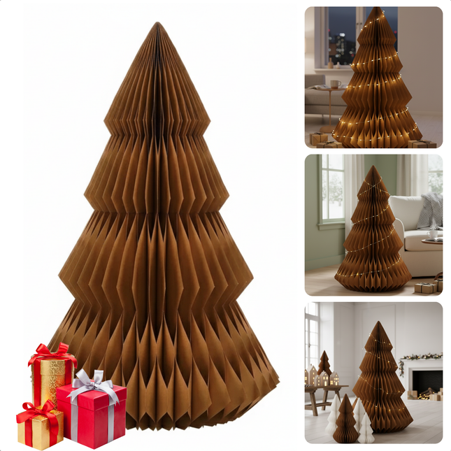 Cheqo® Decoratieve Kerstboom - Papieren Kerstboom - Bruine Kerstboom - Kerstboom Design - Unieke Kerstdecoratie - Vouwbare Kerstboom - Milieuvriendelijke Kerstboom - Kerstboom Voor Binnen - Stijlvolle Kerstdecoratie