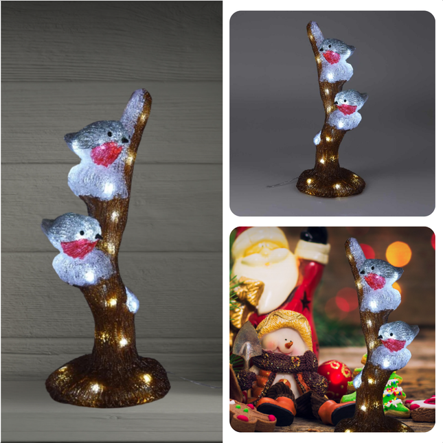 Cheqo® Kerstfiguur Acryl - Verlicht Kerstfiguur - Vogels Op Tak - LED Verlichting - 41cm - Timerfunctie