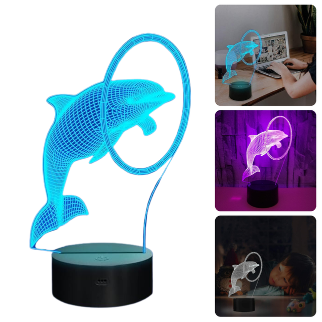 Cheqo® 3D Illusie Lamp met dolfijnontwerp, 7 kleuren LED, werkt op USB en batterijen, ideaal voor kinderkamer, 15.4 cm.