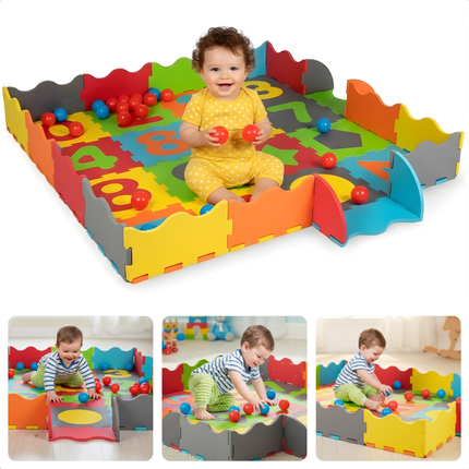Cheqo® Speelmat Ballenbak - Puzzelmat Ballenbak - Baby Speelmat Ballenbak - Baby Speelkleed Ballenbak - 3 in 1 Speelmat - 3 in 1 Ballenbak - Baby Puzzelmat - Foam Puzzelmat Baby