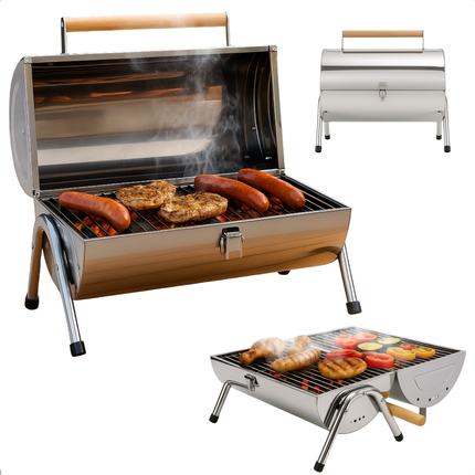 Cheqo® Draagbare Houtskoolbarbecue – Compacte Cilinder BBQ – RVS Tafelbarbecue – Opvouwbare Mini Barbecue voor Camping, Tuin, Balkon & Picknick – Dubbel Grilloppervlak – Lichtgewicht Chroom BBQ met Sluitclip – Voor Buiten & Reizen