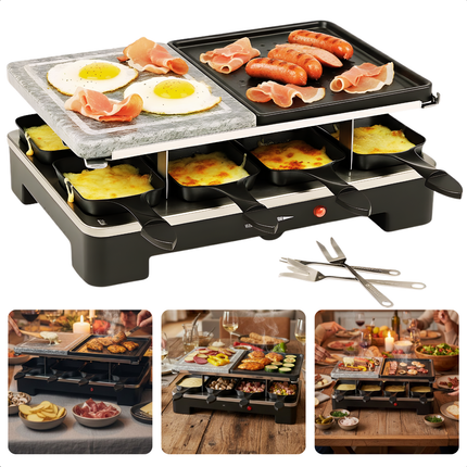 Cheqo® Gourmetstel Voor 8 Personen - Steengrill En Gewone Grill - Gourmetten Met Vrienden - Kerst Gourmetset - 8 Mini-Pannetjes - 9 Spatels Inbegrepen - Gourmetten - Grillplaat - Gourmet Stel - Tafelgrill