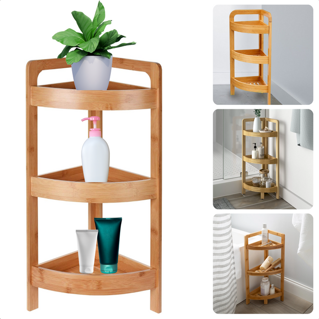 Cheqo® Bamboe Hoekrek Badkamer - Badkamerrek - Hoekrek - Opbergrek 3 Lagen - Badkamerorganizer Hoek - Opbergrek - Staand Badkamerrek