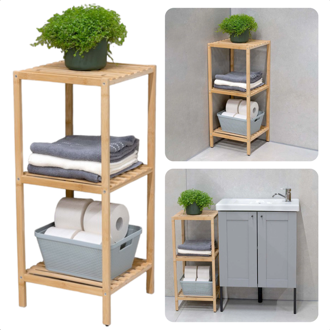 Cheqo® Bamboe Badkamerrek - Opbergrek voor Badkamer - Badkamer Rek - 3-Laags Opslag - Compact en Vochtbestendig - Ecologisch