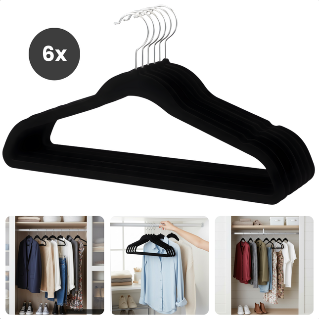 Cheqo® Velvet Kledinghangers - Zwarte Kledinghangers - Antislip Hangers - Kleerhaners - Slank Ontwerp - Draaibare Metalen Haak - Kleerhanger - Kledinghangers Met Inkepingen - Set Van 6 Hangers - Geschikt Voor Alle Soorten Kleding