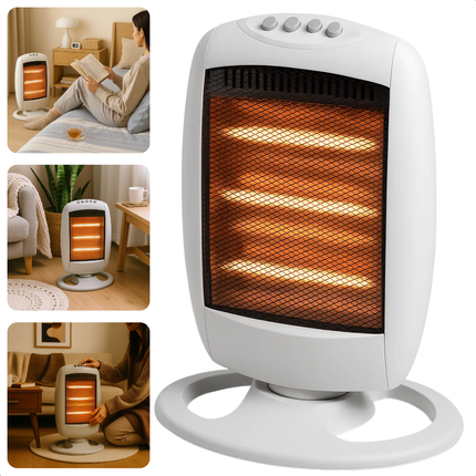 Cheqo® Halogeen Kachel - Elektrische Kachel - Draagbare Halogeen Heater - 3 Warmtestanden - 1200W Vermogen - Compacte Kachel - Bijverwarming - Oscillatiefunctie - Omvalbeveiliging - Oververhittingsbeveiliging - Instant Warmte - Draaghendel