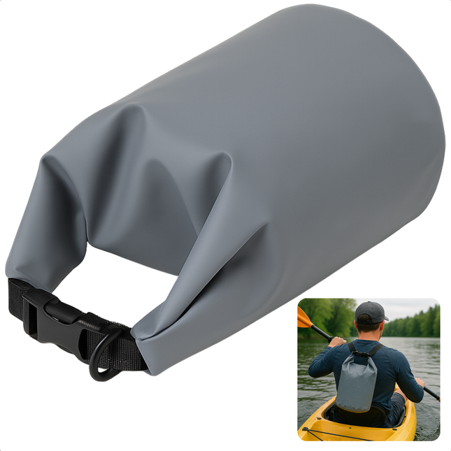 Cheqo® Waterdichte Tas 5 Liter – Dry Bag Grijs – Outdoor Tas met Roll-Down Sluiting – PVC Plunjezak – Sporttas & Strandtas – Verstelbare Schouderband – Stof- en Watervrij – Unisex Zeiltas – Compact & Duurzaam – Zwemhulp