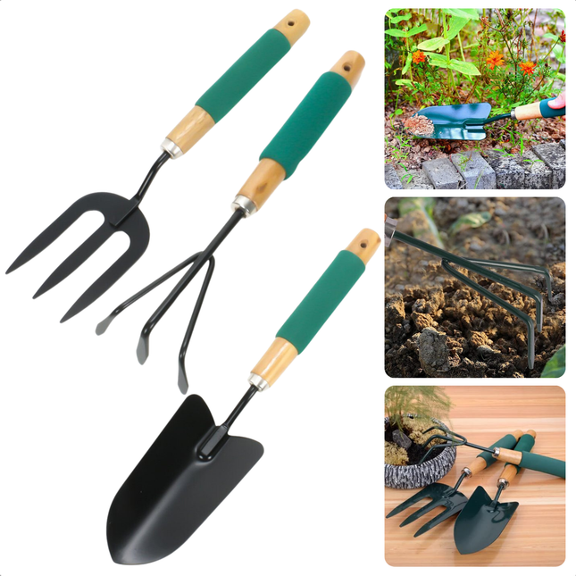 Cheqo® 3-Delige Tuingereedschap Set - Tuinhark - Spitvork - Schepje - Tuinieren Set - Tuinier Set met Korte Steel - Tuinierset - Antikleef Coating - Houten Handvat