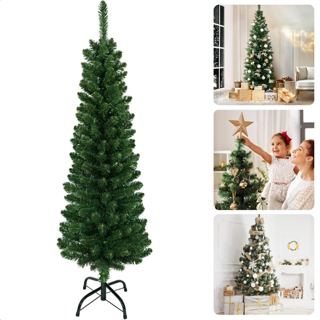 Elegant smalle kunstkerstboom van 180 cm met metalen standaard, perfect voor compacte ruimtes, met een realistische PVC-uitstraling.