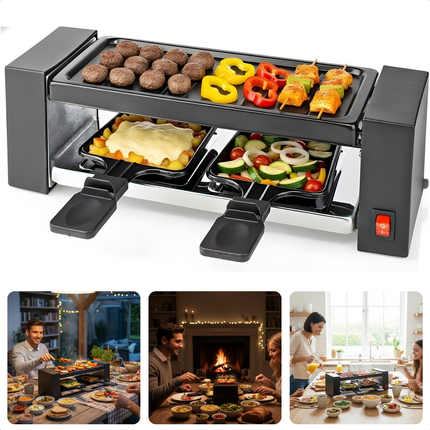 Cheqo® Raclette Grill - Gourmet Set - Anti-Aanbaklaag Grillplaat - Compacte Grill - Anti-Slip Voetjes - Mini Pannetjes - Zwitserse Raclette - Kerst Gourmet Set - Gourmetten - Grill Plaat - Gourmetstel