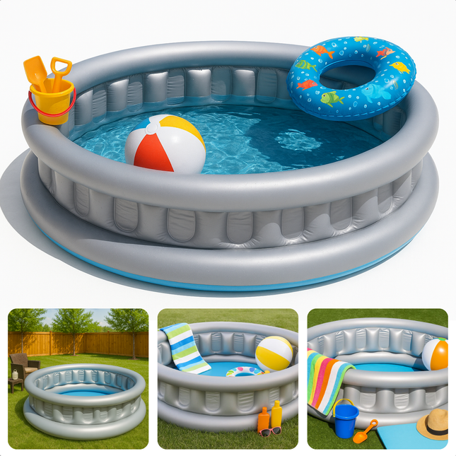 Cheqo® Opblaasbaar Kinderzwembad – Ruimteschip Design – Stevig Vinyl – Kinderbadje met Reparatiesticker – Speelzwembad – Waterpret – Duurzaam – Leegloopventiel – Vanaf 3 Jaar – Veilig Zwembad Kinderen