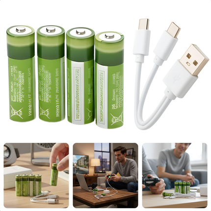 Cheqo® Oplaadbare Batterijen AA – USB-Oplaadbaar – 1200mAh Capaciteit – Lithium-Ion Technologie – USB-C Connector – Snel Opladen – In 1.5 Uur Volledig Opgeladen – Set van 4 – Tot 1000x Oplaadbaar – Met LED-Indicator – AA-Formaat