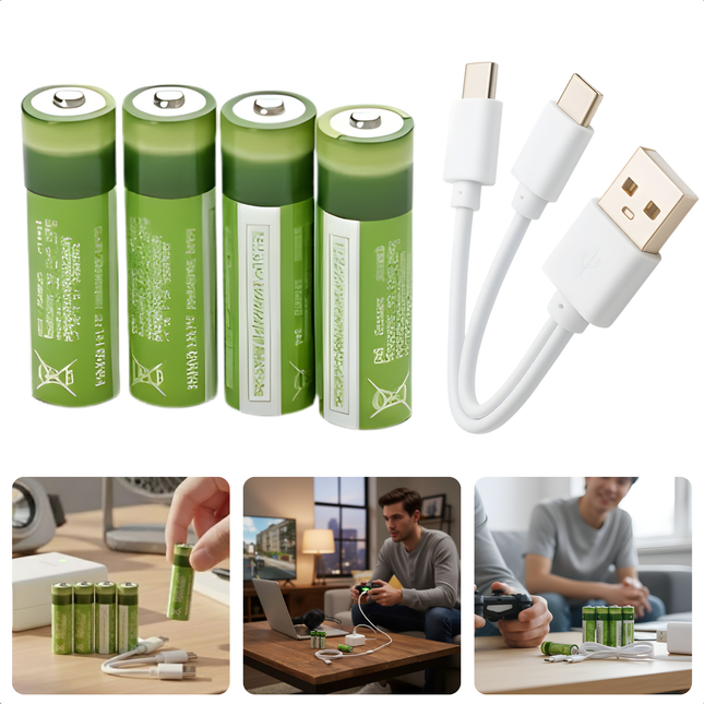 Cheqo® Oplaadbare Batterijen AA – USB-Oplaadbaar – 1200mAh Capaciteit – Lithium-Ion Technologie – USB-C Connector – Snel Opladen – In 1.5 Uur Volledig Opgeladen – Set van 4 – Tot 1000x Oplaadbaar – Met LED-Indicator – AA-Formaat