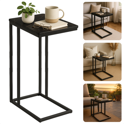 Cheqo® Bijzettafel - Bedtafel - Laptoptafel - Banktafel - Bijzettafeltje - Salontafel - Bijzet Tafel - Metaal - Marmeren MDF Tafelblad - Kleine Moderne Tafel - Zwart
