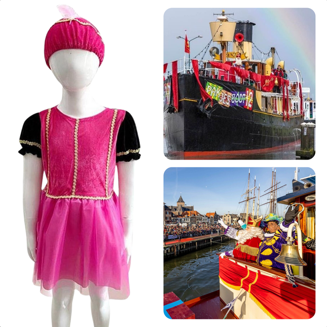Cheqo® Pietenpak met Pietenjurk - Pieten Pak - Roze Paars Kostuum - Verkleedkleding 3-5 Jaar - Perfect voor Sinterklaas