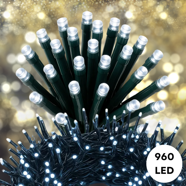 Cheqo® Kerstverlichting - Kerstlampjes - Kerstboomverlichting Wit - 960 LED Lampjes - Koel Wit Licht - Kerstverlichting Binnen en Buiten - IP44 Adapter - Met Controller - Automatische Timer - Geheugenfunctie - Zwart Snoer - 8 Lichtstanden
