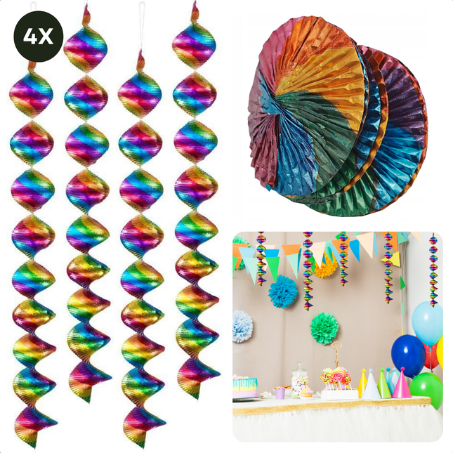 Cheqo® Regenboog Rotorspiralen - Slingers - Swirl Feestdecoratie 60 cm - Lichtreflecterende Folie -  Verjaardag Versiering - Set van 4