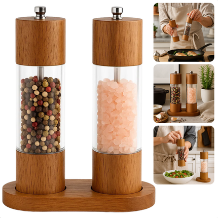 Cheqo® Eikenhouten Pepermolen - Eikenhouten Zoutmolen - Instelbare Maalgraad - Keramisch Maalwerk - Set van 2 - met Houder - Peper Zoutstel - Geschikt voor Kruiden - Fijn tot Grof Malen - Pepermolen en Zoutmolen Set