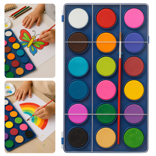 Cheqo® Waterverftablet 18 Kleuren – Verfdoos met Transparant Deksel – Inclusief Penseel – Kindvriendelijke Aquarelverf – Creatieve Hobby – Geschikt voor Kinderen Vanaf 3 Jaar – Schilderen & Tekenen – Educatief Speelgoed