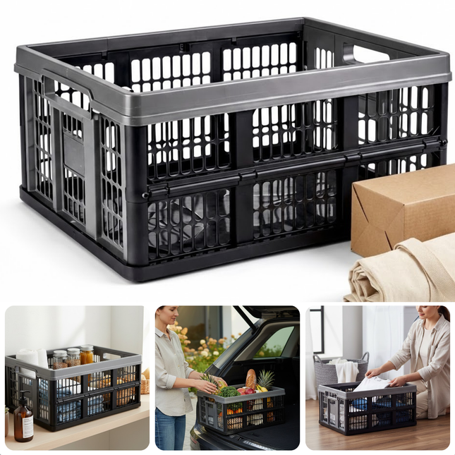 Cheqo® Vouwkrat - Opvouwbare Krat - Inklapbare Krat - Klapkrat - Boodschappenkrat - Opbergkrat - Opbergbox Inklapbaar - Vouwbox - Vouwmand - Krat Voor Auto - Krat Voor Garage - Krat Voor Verhuizing - Zwarte Vouwkrat