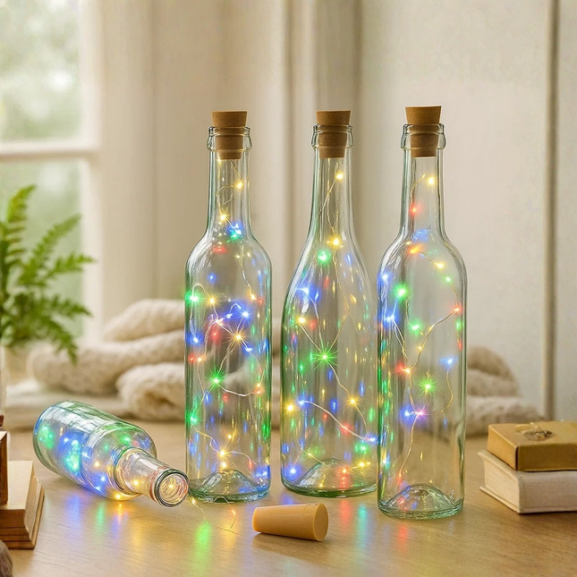 Cheqo® LED Kurk Flessenverlichting - Multicolor LED Lampjes - Lichtsnoer Op Batterijen - Decoratieve Flesverlichting - IP44 - Kurk Met Lichtsnoer - Sfeerverlichting Voor Flessen - Feestverlichting LED - 8 LED Lampjes