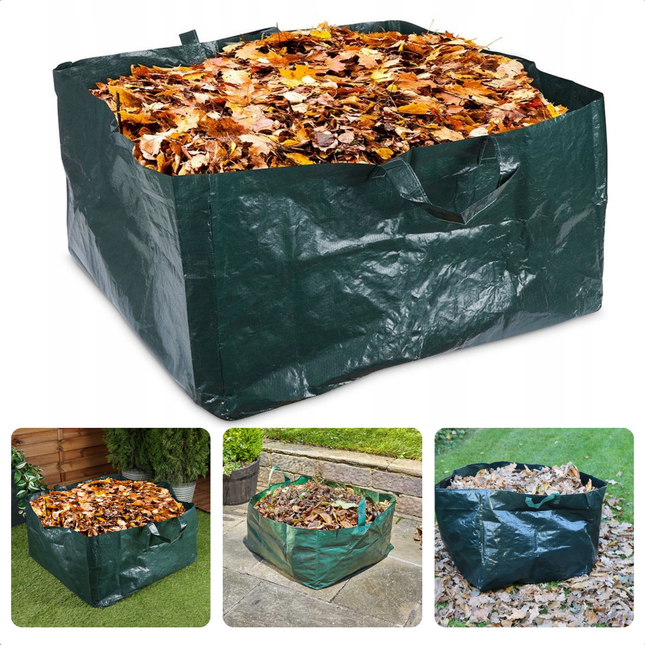 Large green foldable garden waste bag filled with leaves, featuring sturdy handles for easy transport and storage outdoors.