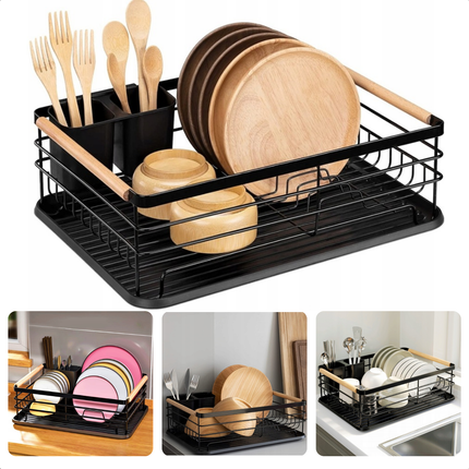 Cheqo® Metalen Afwasrek - Afdruiprek - Vaatdroger - Zwart - Vaatwasrek - Keukenrek - Met Lekbak en Bestekhouder