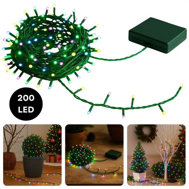 Cheqo® Micro Clusterverlichting - 200 Led Lampjes - Soft Multi Colour - Batterij Aangedreven - 8 Lichtfuncties - Geheugenfunctie - Timer Functie - 6 Uur Aan - 18 Uur Uit - Kerstverlichting - Kerstboomverlichting - Kerstlampjes