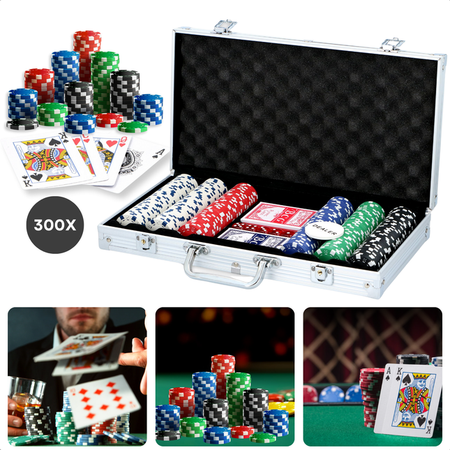 Cheqo® Pokerset Aluminium Koffer - Pokeren - Poker Set met 300 Fiches - Poker Spel voor 5 Personen - Inclusief Dobbelstenen en Kaarten
