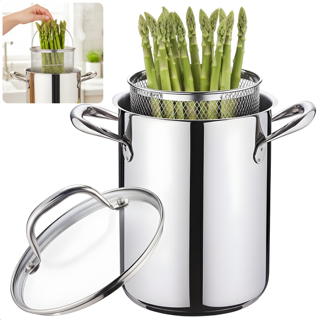 Cheqo® Aspergepan RVS - Pastapan - Glazen Deksel - Stoomuitlaat - Inzetmand - Vaatwasser Veilig - Geschikt Voor Inductie - Alle Warmtebronnen - Roestvrij Staal - 4.2 Liter Inhoud - 16 cm Diameter - 21 cm Hoog - Multifunctioneel Koken