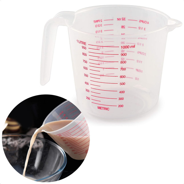 Cheqo® Kunststof Maatbeker 1L - Maatkan - Transparant - Keukenmaatbeker met Handvat