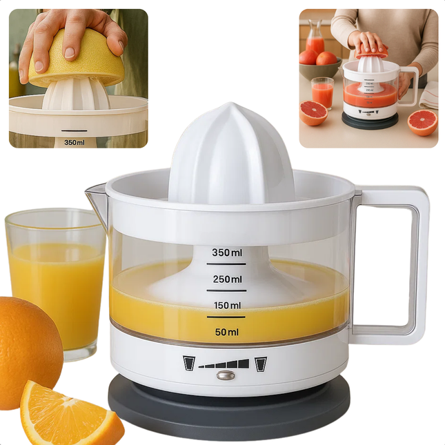 Cheqo® Elektrische Citruspers - Sinaasappelpers - Citroenpers - Vers Geperst Sap - Vaatwasserbestendig - Twee Draairichtingen - Instelbaar Pulpfilter - Sap Reservoir - Compacte Juicer - 350 ml Inhoud - Eenvoudig Schoon Te Maken - Snoeropslag