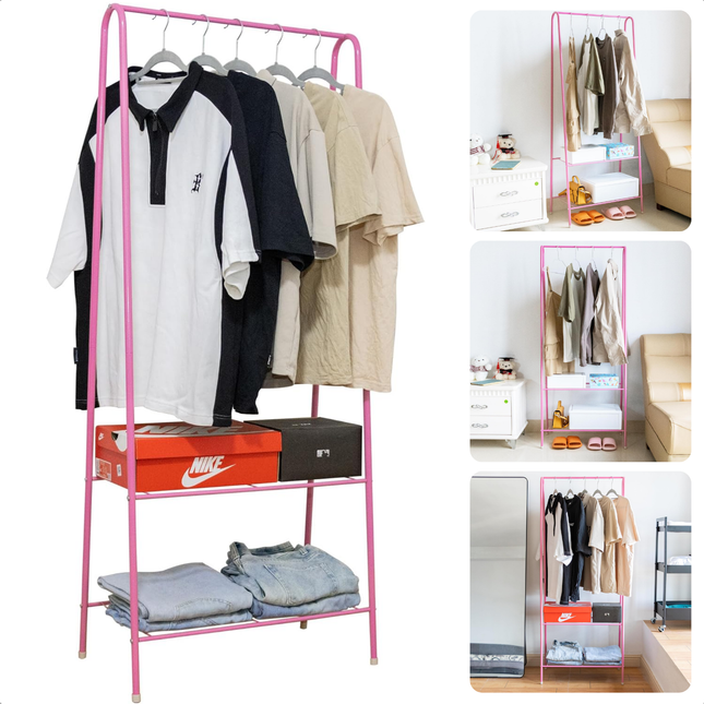 Pink metal clothing rack with shoe shelf, holding shirts and shoes, perfect for bedroom organization.